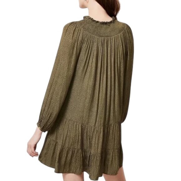 LOFT Green Tiered Smocked Sundress with Long Bishop Sleeves - Picture 3 of 4